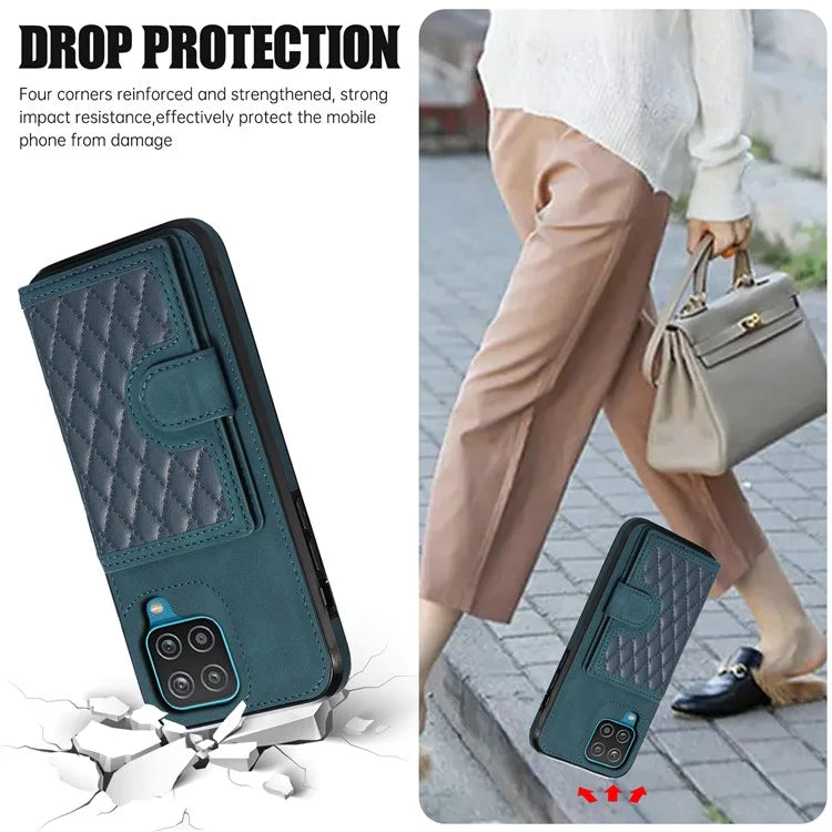 For Samsung Galaxy A12 Case Imprinted Phone Cover Card Holder TPU+PU Leather Shell