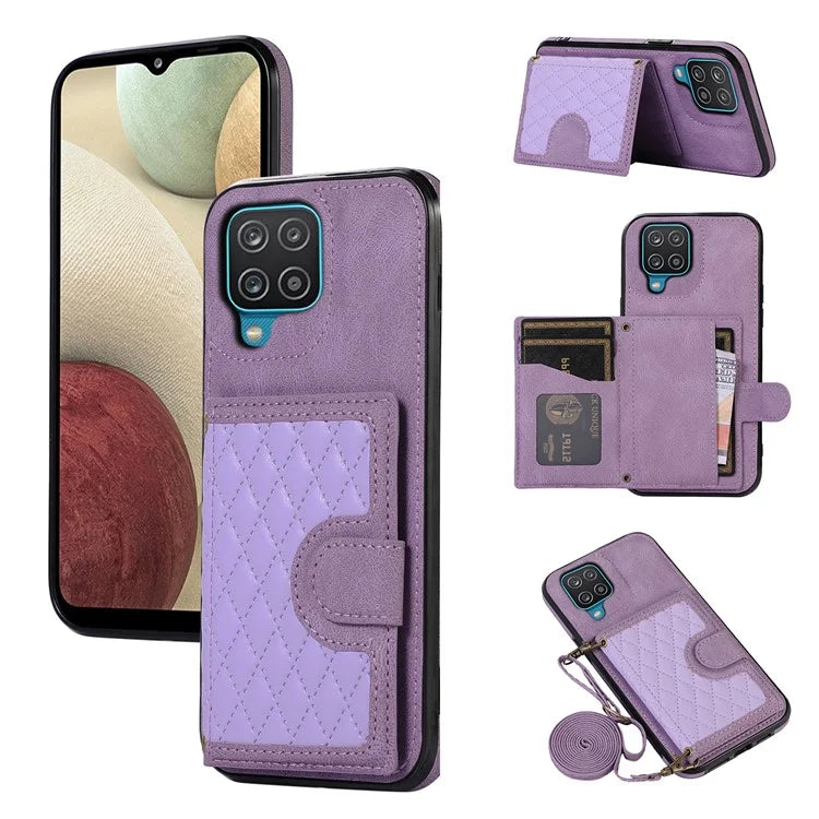 For Samsung Galaxy A12 Case Imprinted Phone Cover Card Holder TPU+PU Leather Shell