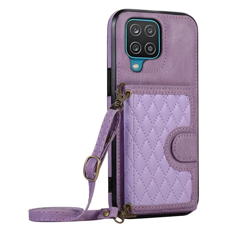 For Samsung Galaxy A12 Case Imprinted Phone Cover Card Holder TPU+PU Leather Shell