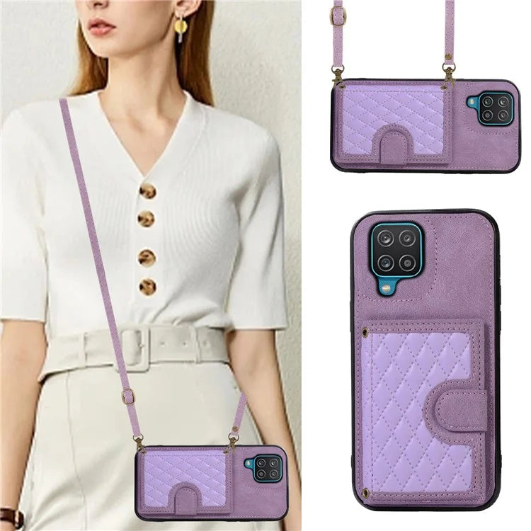 For Samsung Galaxy A12 Case Imprinted Phone Cover Card Holder TPU+PU Leather Shell