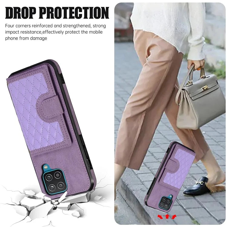 For Samsung Galaxy A12 Case Imprinted Phone Cover Card Holder TPU+PU Leather Shell