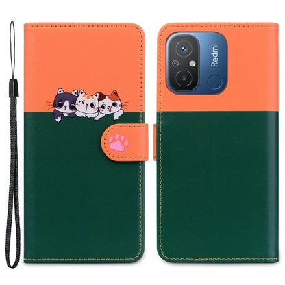 Cartoon Pet Series for Xiaomi Redmi 12C 4G Leather Case Splicing Phone Wallet Coverish Green