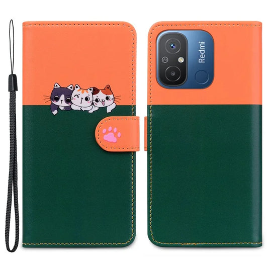 Cartoon Pet Series for Xiaomi Redmi 12C 4G Leather Case Splicing Phone Wallet Coverish Green