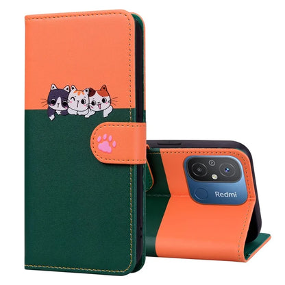 Cartoon Pet Series for Xiaomi Redmi 12C 4G Leather Case Splicing Phone Wallet Coverish Green