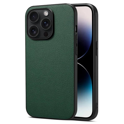For iPhone 15 Pro Max Calf Texture Case Shockproof PC+TPU+PU Leather Phone Back Cover