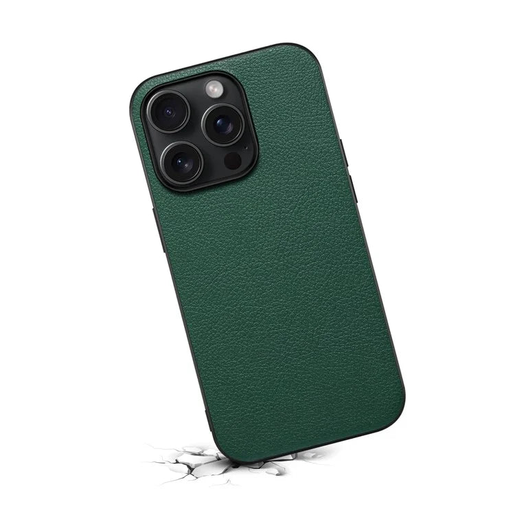 For iPhone 15 Pro Max Calf Texture Case Shockproof PC+TPU+PU Leather Phone Back Cover
