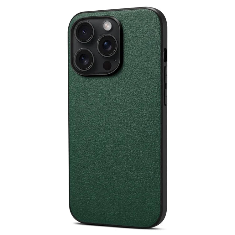 For iPhone 15 Pro Max Calf Texture Case Shockproof PC+TPU+PU Leather Phone Back Cover