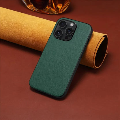 For iPhone 15 Pro Max Calf Texture Case Shockproof PC+TPU+PU Leather Phone Back Cover