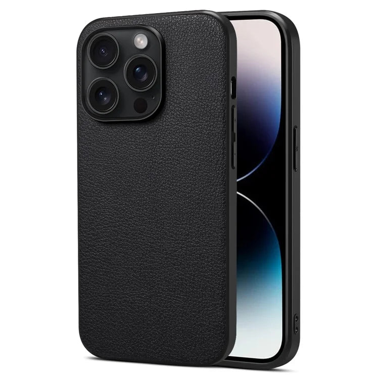 For iPhone 15 Pro Max Calf Texture Case Shockproof PC+TPU+PU Leather Phone Back Cover
