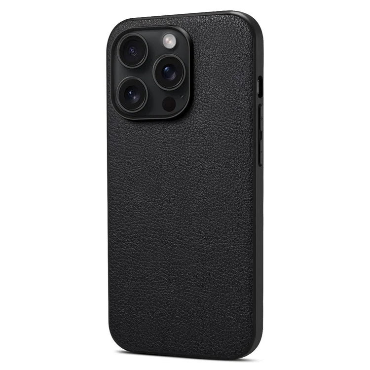 For iPhone 15 Pro Max Calf Texture Case Shockproof PC+TPU+PU Leather Phone Back Cover