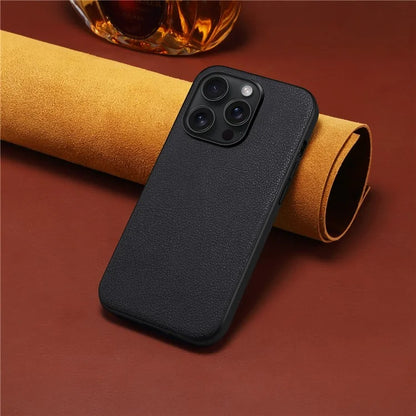 For iPhone 15 Pro Max Calf Texture Case Shockproof PC+TPU+PU Leather Phone Back Cover