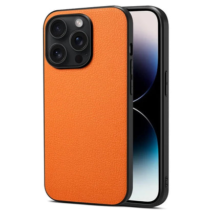 For iPhone 15 Pro Max Calf Texture Case Shockproof PC+TPU+PU Leather Phone Back Cover