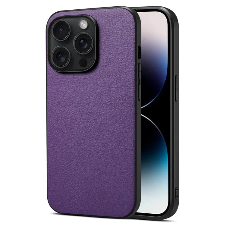 For iPhone 15 Pro Max Calf Texture Case Shockproof PC+TPU+PU Leather Phone Back Cover