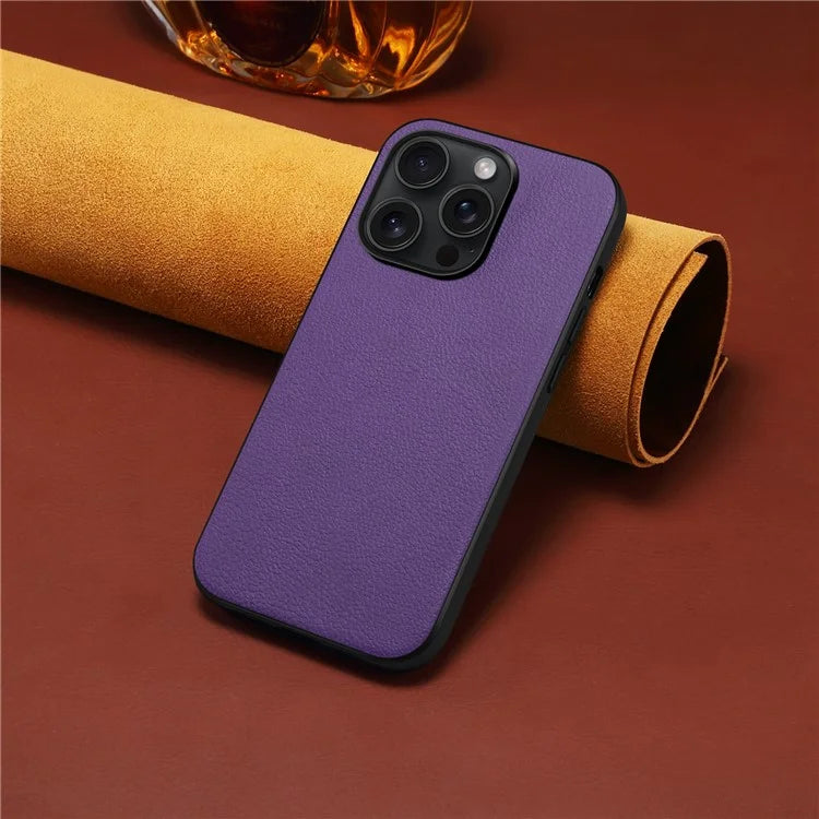 For iPhone 15 Pro Max Calf Texture Case Shockproof PC+TPU+PU Leather Phone Back Cover