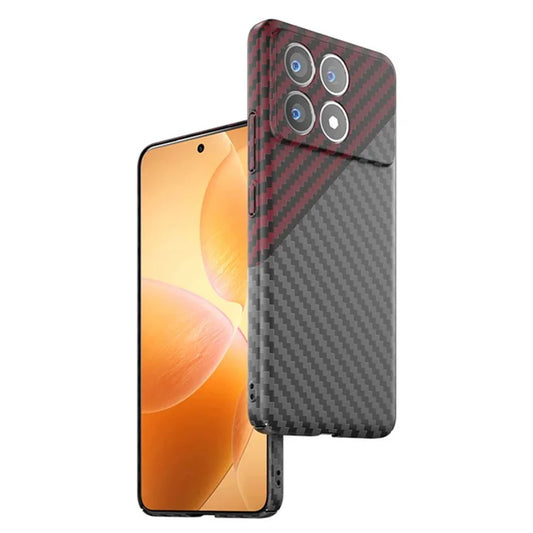 For Xiaomi Redmi K70 5G Cell Phone Case Splicing Color Carbon Fiber Texture Hard PC Cover+Red