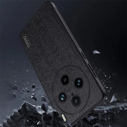 For vivo X100 Pro 5G Case Wood Grain PU+PC+TPU Shockproof Phone Cover