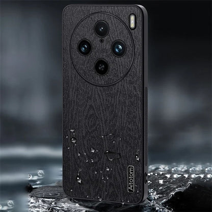 For vivo X100 Pro 5G Case Wood Grain PU+PC+TPU Shockproof Phone Cover
