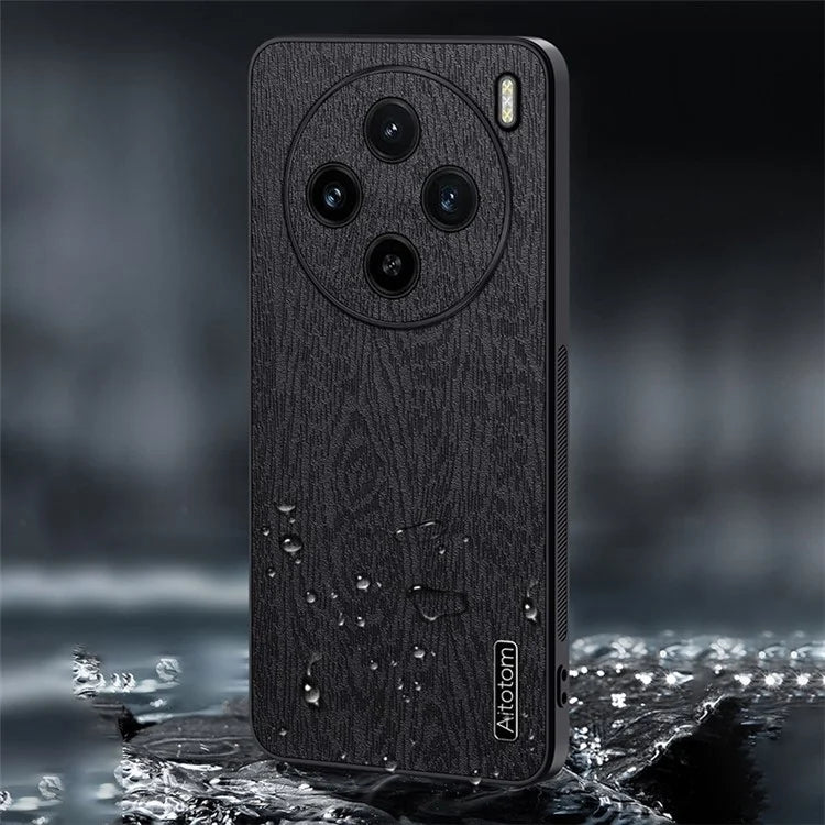 For vivo X100 5G Case Wood Grain PU Leather Coated PC+TPU Mobile Phone Cover