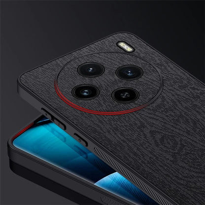For vivo X100 5G Case Wood Grain PU Leather Coated PC+TPU Mobile Phone Cover
