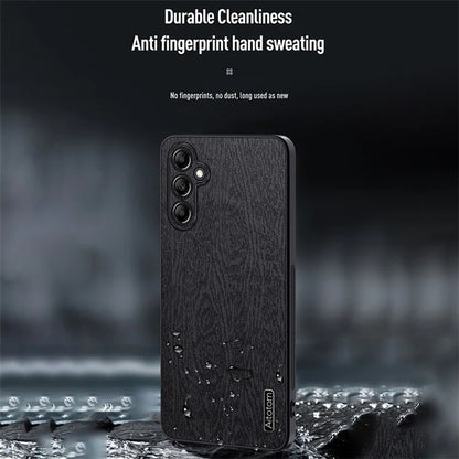 For Samsung Galaxy A15 5G Cellphone Case Wood Grain PC+TPU+PU Back Protector Cover