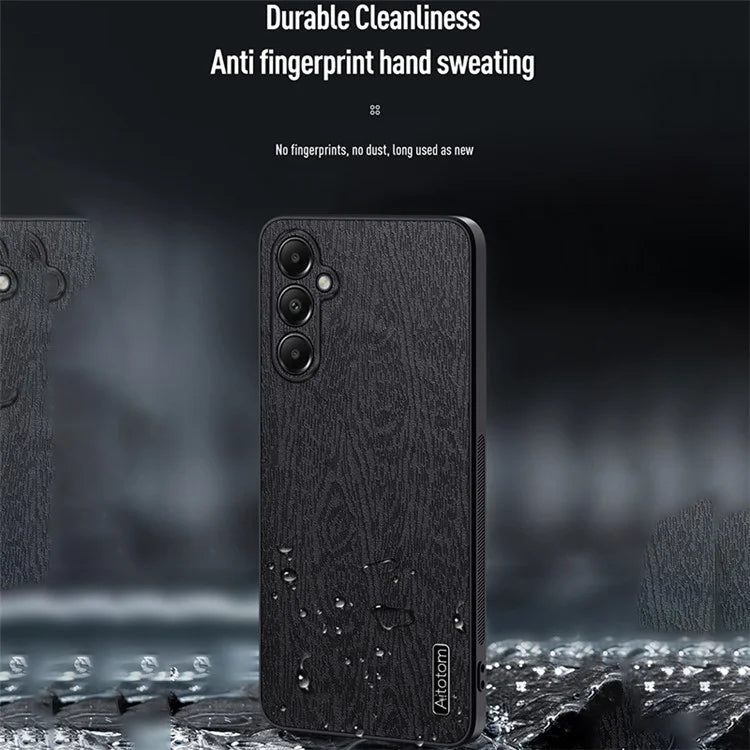 For Samsung Galaxy A05s 4G Cellphone Guard Case Wood Grain PC+TPU+PU Back Cover