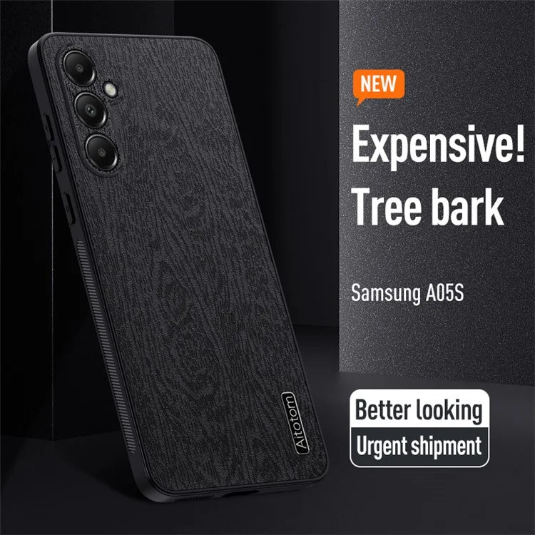 For Samsung Galaxy A05s 4G Cellphone Guard Case Wood Grain PC+TPU+PU Back Cover