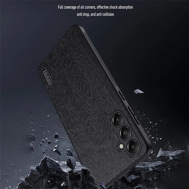 For Samsung Galaxy A05s 4G Cellphone Guard Case Wood Grain PC+TPU+PU Back Cover