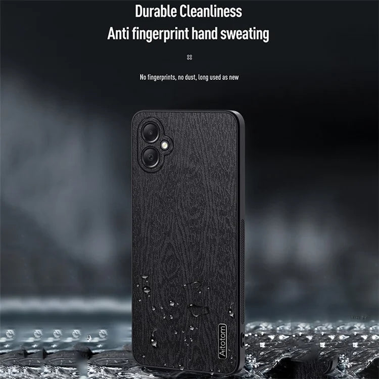 For Samsung Galaxy A05 4G Wood Texture PU Leather Coated PC+TPU Mobile Phone Back Case