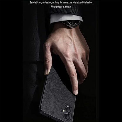 For Samsung Galaxy A05 4G Wood Texture PU Leather Coated PC+TPU Mobile Phone Back Case