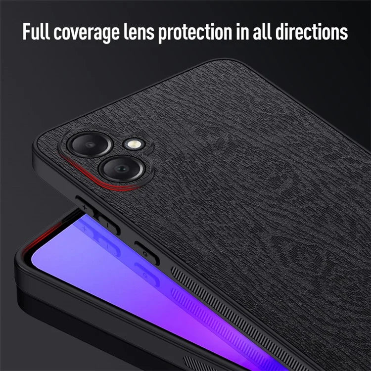 For Samsung Galaxy A05 4G Wood Texture PU Leather Coated PC+TPU Mobile Phone Back Case