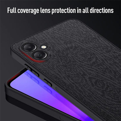For Samsung Galaxy A05 4G Wood Texture PU Leather Coated PC+TPU Mobile Phone Back Case