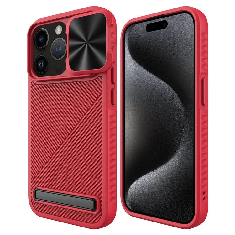 For iPhone 15 Pro Max Magnetic Phone Case Kickstand Twill Texture Slide Lens Cover