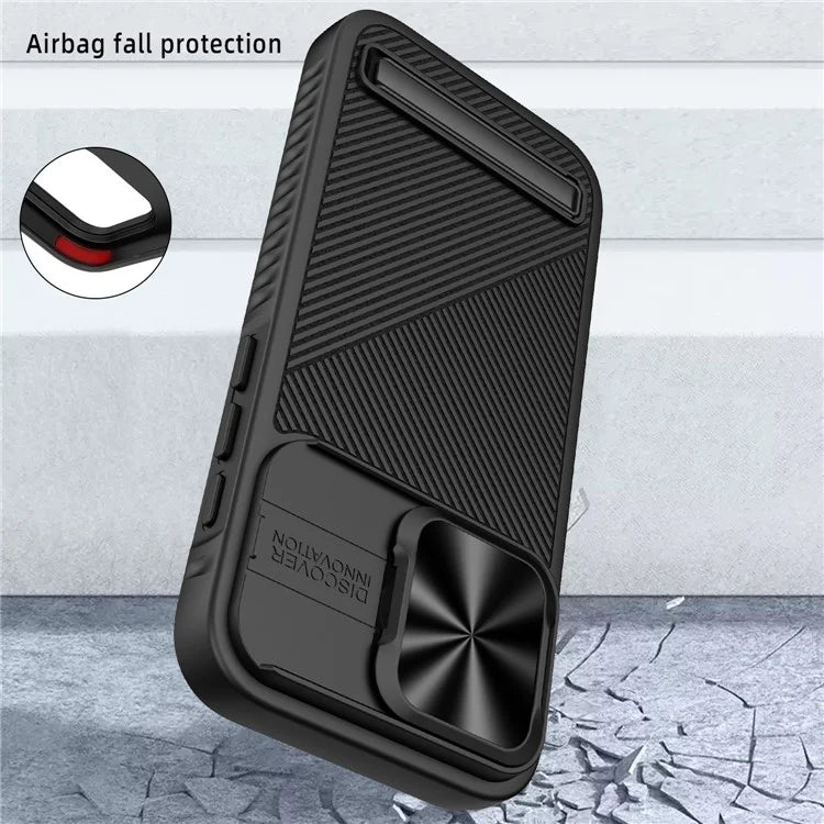 For iPhone 15 Pro Max Magnetic Phone Case Kickstand Twill Texture Slide Lens Cover