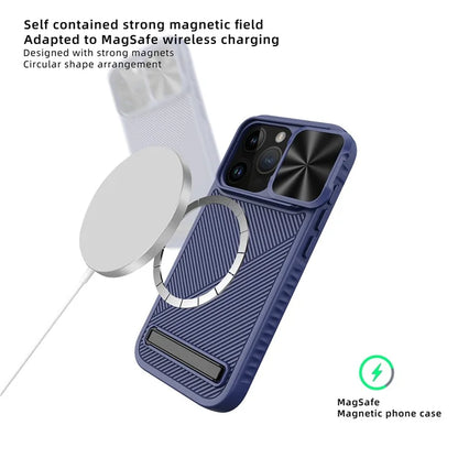 For iPhone 15 Pro Max Magnetic Phone Case Kickstand Twill Texture Slide Lens Cover