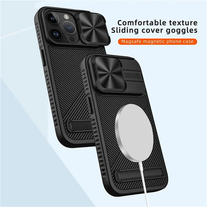 For iPhone 15 Pro Max Magnetic Phone Case Kickstand Twill Texture Slide Lens Cover