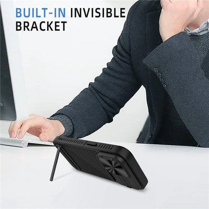 For iPhone 15 Pro Max Magnetic Phone Case Kickstand Twill Texture Slide Lens Cover