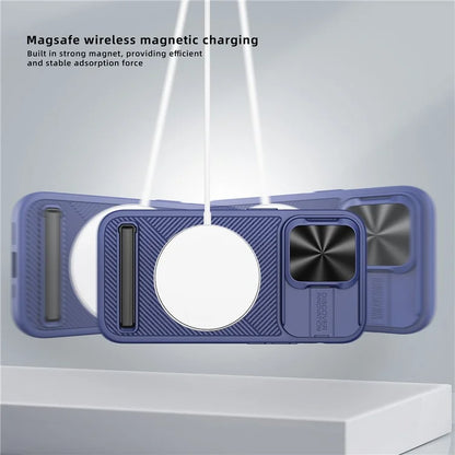 For iPhone 15 Pro Max Magnetic Phone Case Kickstand Twill Texture Slide Lens Cover
