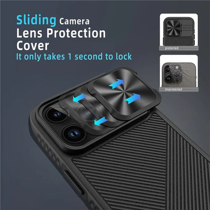 For iPhone 15 Pro Max Magnetic Phone Case Kickstand Twill Texture Slide Lens Cover