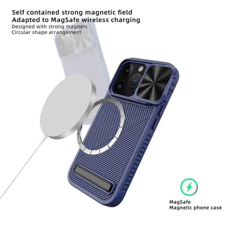 For iPhone 15 Pro Max Magnetic Phone Case Kickstand Twill Texture Slide Lens Cover