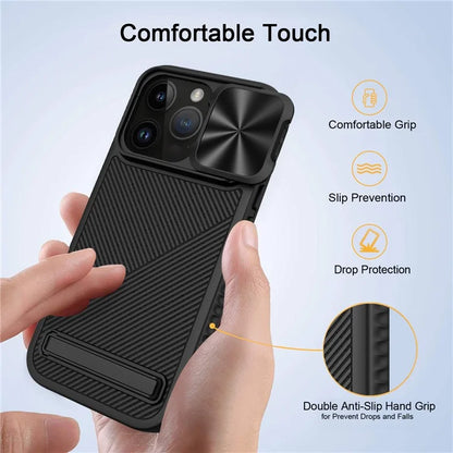 For iPhone 15 Pro Max Magnetic Phone Case Kickstand Twill Texture Slide Lens Cover