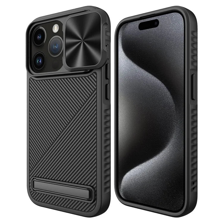 For iPhone 15 Pro Kickstand Case Slide Lens Lid Phone Cover Compatible with MagSafe