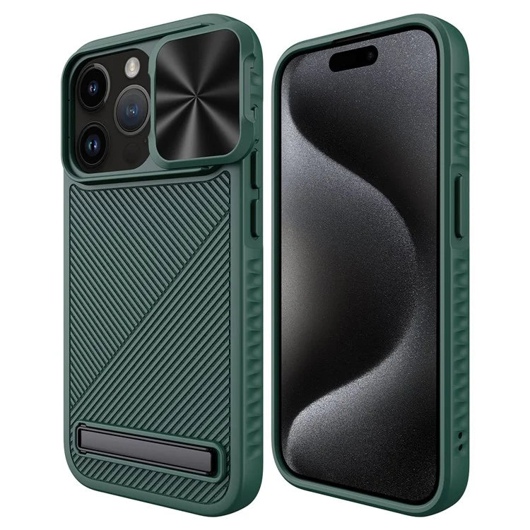 For iPhone 15 Pro Kickstand Case Slide Lens Lid Phone Cover Compatible with MagSafe