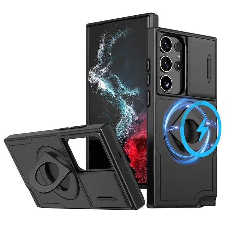 For Samsung Galaxy S22 Ultra 5G Magnetic Case Slide Lens Window N52 Magnet+PC+TPU Phone Cover