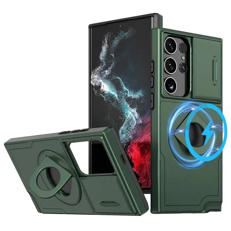 For Samsung Galaxy S22 Ultra 5G Magnetic Case Slide Lens Window N52 Magnet+PC+TPU Phone Coverish Green