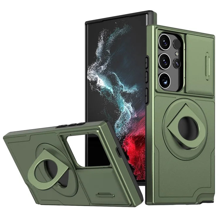 For Samsung Galaxy S22 Ultra 5G Magnetic Case Slide Lens Window N52 Magnet+PC+TPU Phone Coverish Green