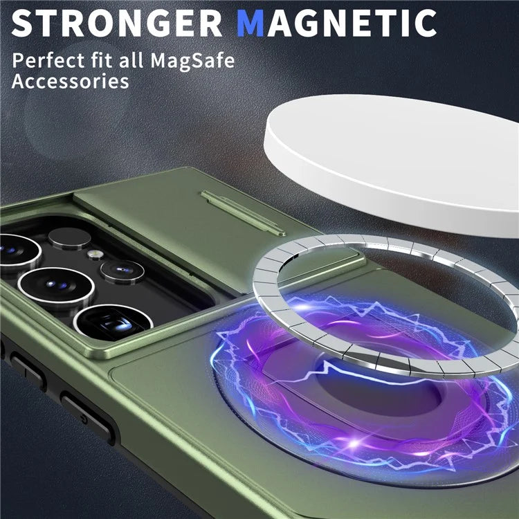 For Samsung Galaxy S22 Ultra 5G Magnetic Case Slide Lens Window N52 Magnet+PC+TPU Phone Coverish Green
