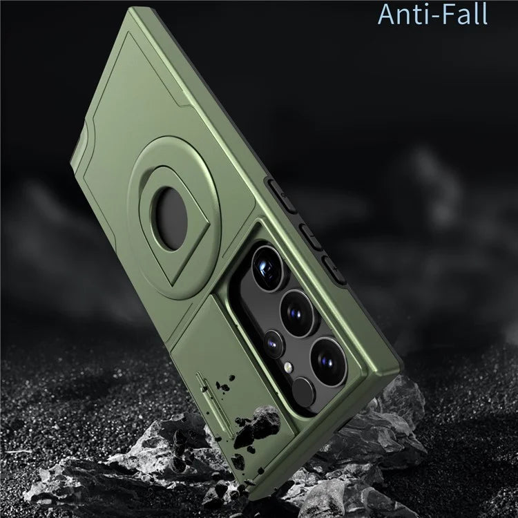 For Samsung Galaxy S22 Ultra 5G Magnetic Case Slide Lens Window N52 Magnet+PC+TPU Phone Coverish Green