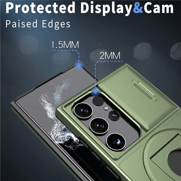 For Samsung Galaxy S22 Ultra 5G Magnetic Case Slide Lens Window N52 Magnet+PC+TPU Phone Coverish Green