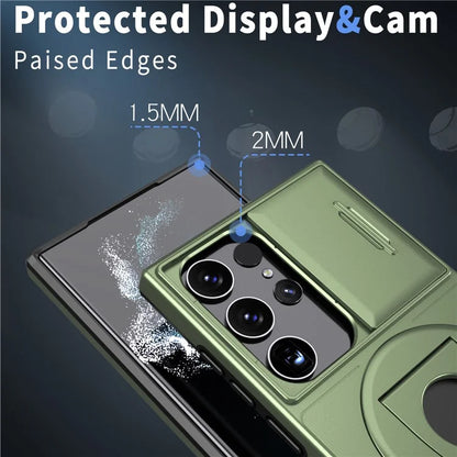 For Samsung Galaxy S22 Ultra 5G Magnetic Case Slide Lens Window N52 Magnet+PC+TPU Phone Coverish Green