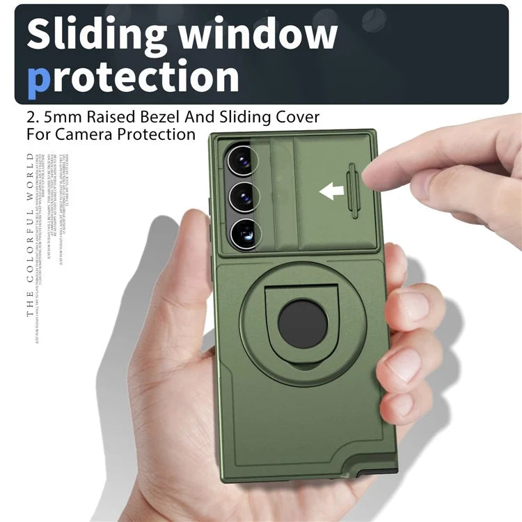 For Samsung Galaxy S22 Ultra 5G Magnetic Case Slide Lens Window N52 Magnet+PC+TPU Phone Coverish Green